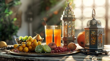 Healthy fresh fruits with mango orange juice cold drinks traditional Arabic lantern Muslims eid party celebration 