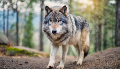 gray wolf, emblem of wilderness, stands solitary in blurred nature backdrop