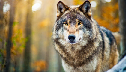 Naklejka na ściany i meble gray wolf, emblem of wilderness, stands solitary in blurred nature backdrop