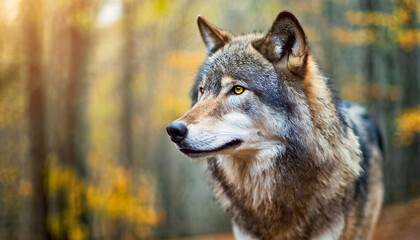 Naklejka na ściany i meble gray wolf, emblem of wilderness, stands solitary in blurred nature backdrop