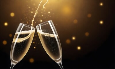 Two champagne glasses clinking together with liquid splashing upward, bubbles visible inside the glasses, against a dark background with golden bokeh lights