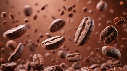Close-up of roasted coffee beans falling