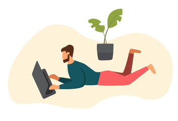 Man works on a laptop while lying on the floor. Flat illustration