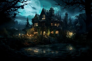 Fototapeta na wymiar Tranquil Mansion night. Scary castle dark. Generate Ai