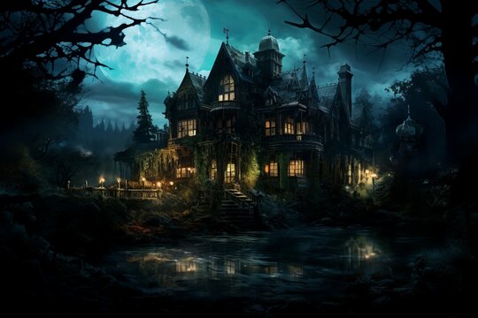 Tranquil Mansion night. Scary castle dark. Generate Ai