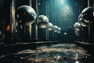 globes in the abandoned disco hall - obrazy, fototapety, plakaty
