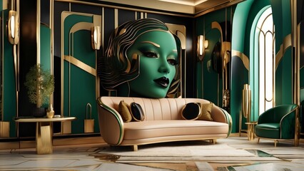 Obraz na płótnie Canvas art deco room, couch, sofa, green, 