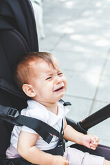 a little girl 10 months old sits in a black stroller in the park and cries, vertical photo