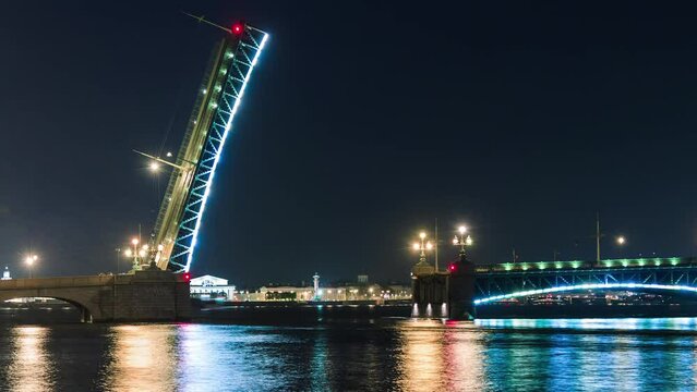 SAINT-PETERSBURG, RUSSIA - JUNE, 2023: Timelapse hyperlapse view drawbridge in St. Petersburg at night on embankment of the Neva River. Swing bridges are famous sight of a northern city.
