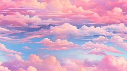A beautiful painting of a pink and blue sky filled with fluffy clouds - obrazy, fototapety, plakaty