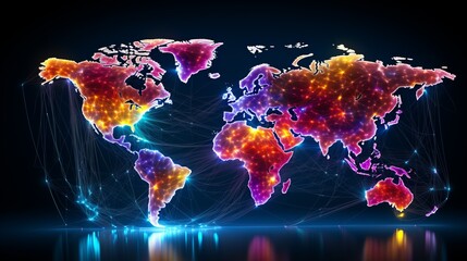 A glowing 3D world map with glowing connection lines