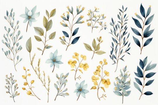 Blue and yellow watercolor floral elements