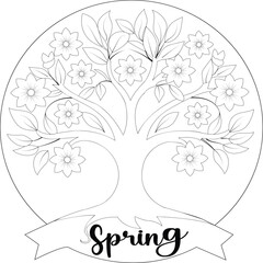 Spring Tree with flower Coloring Page