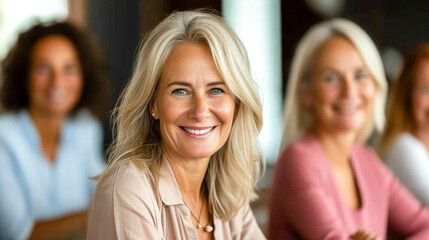 Obraz premium Team of smiling casual 50's years woman conduct detailed briefings or training for prospects or existing customers