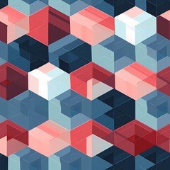 Mosaico hexagonal tridimensional em tons de azul e vermelho
