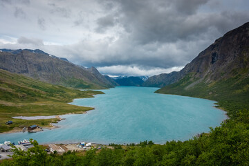 Beautiful view of the Gjende glacial lake in Jotunheimen National Park,  Norway