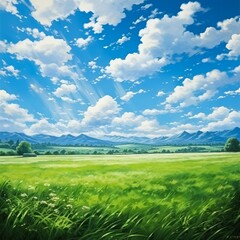 Obraz premium Green field with mountains in the distance