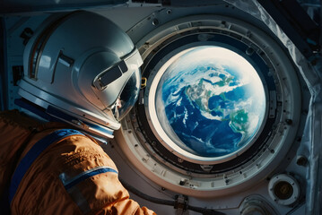 A cosmonaut in a spacesuit looks out the porthole of a spaceship at a blue planet. Innovation and the concept of space exploration. International Day of Astronautics