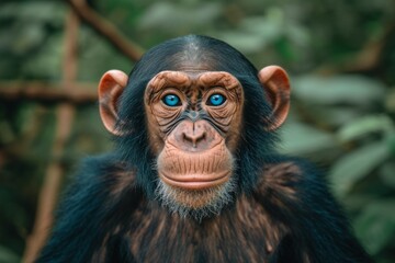 A chimpanzee with blue eyes stares into the camera