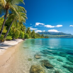 Coconut trees on a beach with crystal clear water