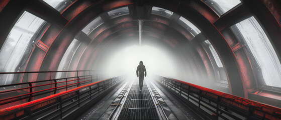 A lone journey, a silhouette walking through a dark, mysterious tunnel, evoking feelings of hope...