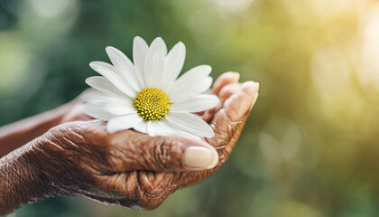 senior hand holds solitary white flower, conveying grace and beauty. Perfect for web banners