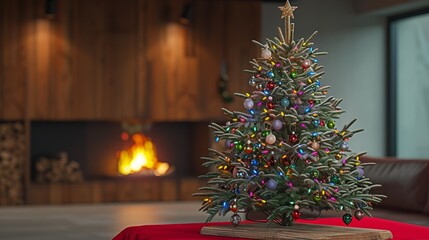 A beautifully decorated Christmas tree stands in front of a fireplace.