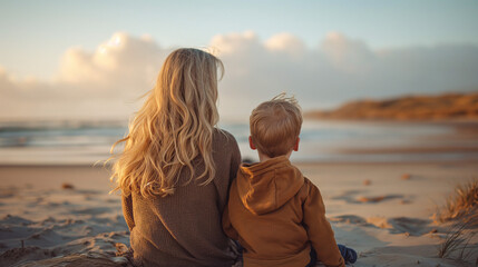 Mujer joven jugando en la playa con su hijo pequeño - obrazy, fototapety, plakaty