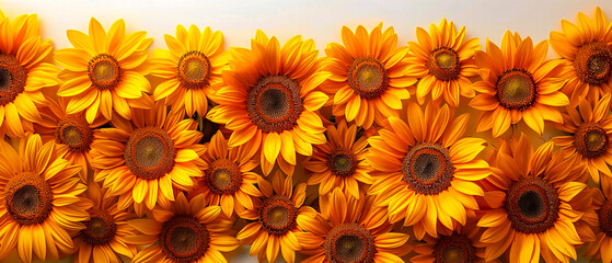 Obraz premium Yellow sunflowers close-up. Natural romantic ultrawide premium background. Perfect for design, banner, wallpaper, template, art, creative projects, desktop. Exclusive quality, vintage style. 21:9