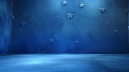 Empty blue room with a stars on the walls, minimalistic composition with copy space.