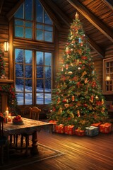 Fototapeta na wymiar Christmas tree in a cozy cabin