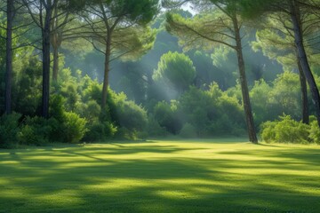 Sunlight shining through the trees in a lush green forest