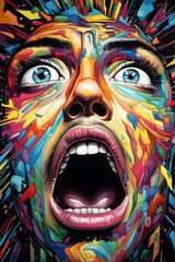 Colorful portrait of a screaming woman with blue eyes