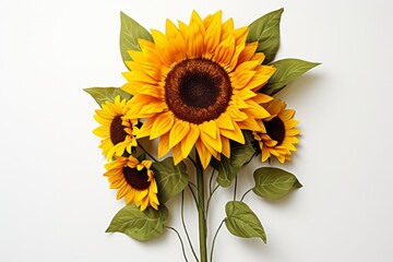 A bouquet of sunflowers against a white background