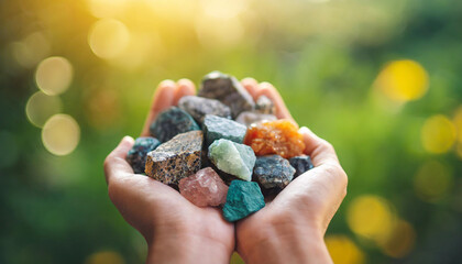 Hand holds rare mineral rocks, symbolizing uniqueness, wealth, and geological fascination. Clean background - obrazy, fototapety, plakaty