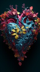 Surreal illustration of a heart made of blue and pink vines intertwined with branches and decorated with colorful leaves.
