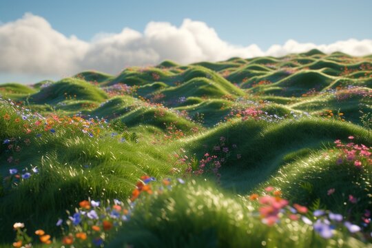 Rolling green hills covered with various wildflowers under a blue sky with white clouds