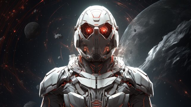 Astronaut in futuristic spacesuit with visor reflecting stars and planets