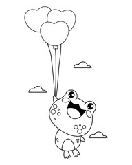 Cute frog with hearts balloons. Funny outline romantic animal kawaii character. Line drawing, coloring book. Vector illustration. .