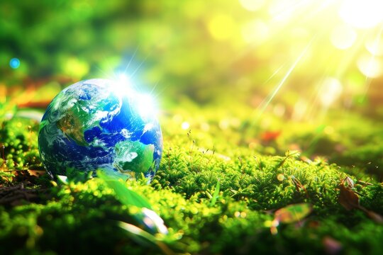 Planet Earth in the middle of a green forest with bright sunlight shining through the trees