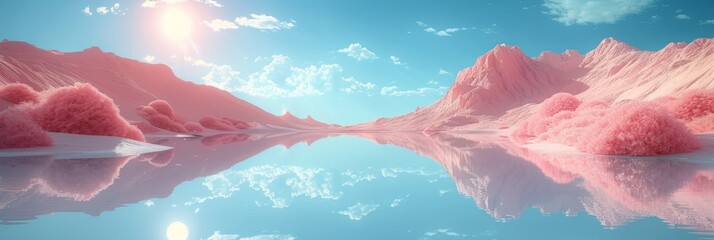 Pink Surreal Desert Dreamscape with Lake Generative AI