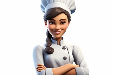 A cartoon image of a female chef wearing a white chef's hat and jacket