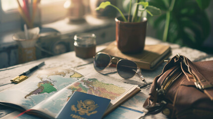 A neatly arranged composition of travel essentials, including an empty covered passport, sunglasses, and a map - obrazy, fototapety, plakaty