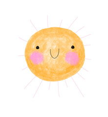Cute Happy Sun. Lovely Hand Drawn Vector Illustration with Happy Smiling Sun on a White Background. Childish Drawing-like Nursery Art Perfect for Card, Wall Art, Kids' Room Decoration. RGB. No text.
