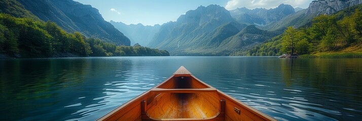 Canoe on Tranquil Lake with Majestic Mountain Backdrop Generative AI