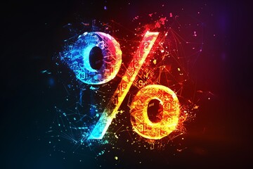 Glowing blue and red percentage sign made of particles on a black background