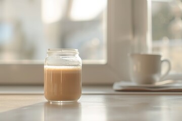 Calm Morning Coffee Scene - A minimalist scene with a jar of coffee and a cup on a sunlit table suggesting a peaceful start to the day. 