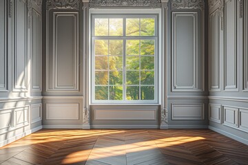 Bright empty room with large windows overlooking a beautiful autumn forest - obrazy, fototapety, plakaty