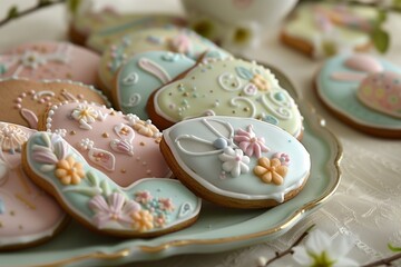 Delicate Easter Biscuits Decorated with Pastel Icing and Spring Motifs