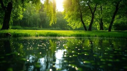 Sunlit Park with Raindrops - A vibrant park scene illuminated by sunlight with sparkling raindrops falling on a tranquil pond. It's a perfect blend of weather elements and natural beauty.